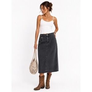 VTG 90s American Profile Black‎ Denim Midi Skirt 10 Pleated High Waist Boho Chic